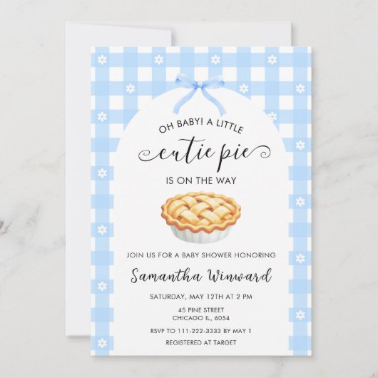 Blue Coquette Cutie Pie Baby Shower 招待状 (正面)