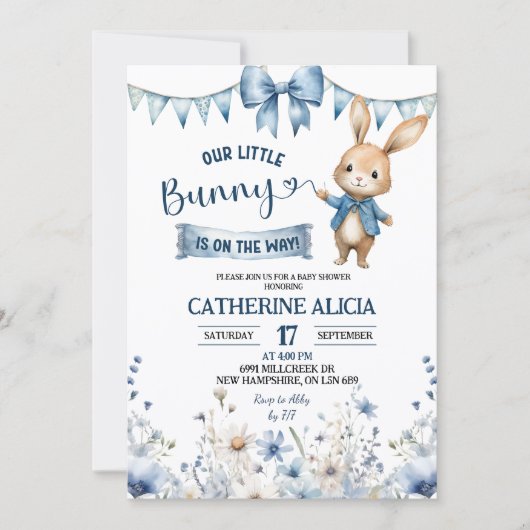 Blue Coquette Little Bunny Baby Shower 招待状 (正面)