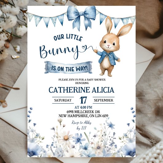 Blue Coquette Little Bunny Baby Shower 招待状