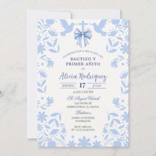Blue Coquette Mexican Talavera Baptism 招待状 (正面)