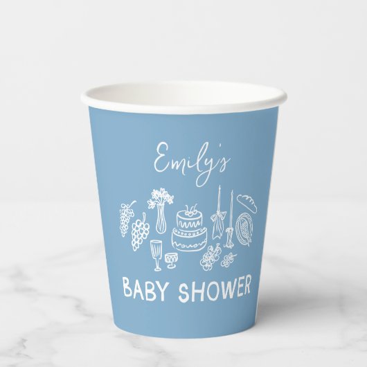 Blue coquette modern hand drawn baby shower 紙コップ (裏面)