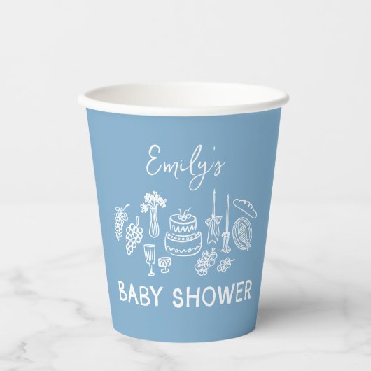 Blue coquette modern hand drawn baby shower 紙コップ (正面)
