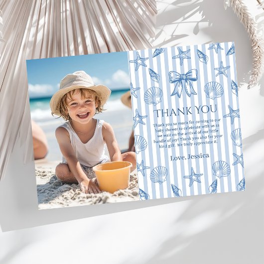Blue Coquette Seashells Baby Shower Photo サンキューカード