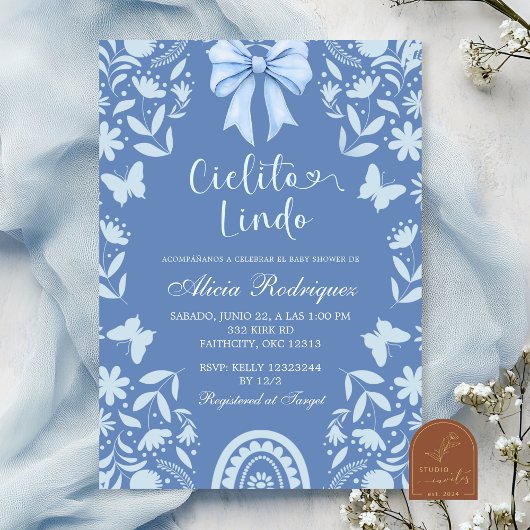 Blue Coquette Talavera Cielito Lindo Baby Shower 招待状