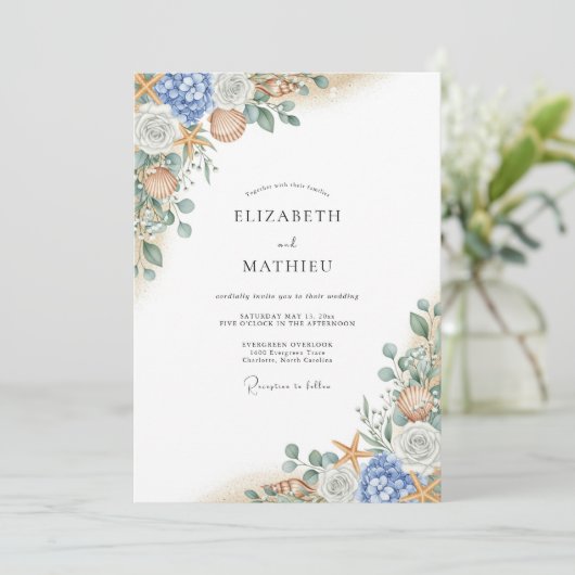 Blue Coral Bloom Flourish Wedding 招待状 (スタンド正面)