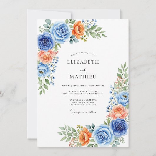 Blue Coral Botanical Romance Wedding 招待状 (正面)