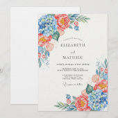 Blue Coral Floral Whimsy Wedding 招待状 (正面/裏面)