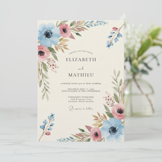 Blue Coral Painterly Bloom Wedding 招待状 (スタンド正面)