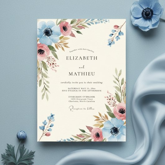 Blue Coral Painterly Bloom Wedding 招待状