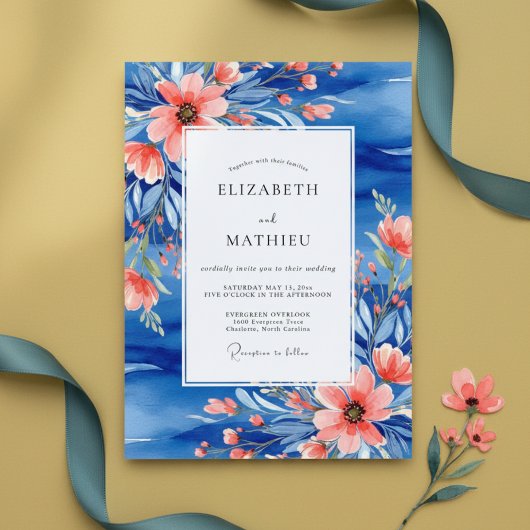 Blue Coral Painterly Botanical Wedding 招待状