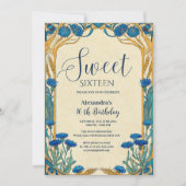 Blue Cornflower Art Nouveau Sweet Sixteen 招待状 (正面)