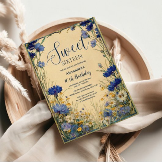 Blue Cornflower Art Nouveau Sweet Sixteen 招待状