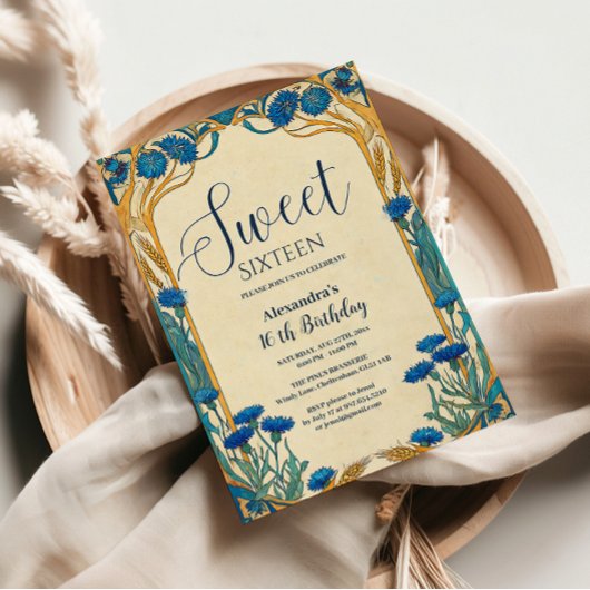 Blue Cornflower Art Nouveau Sweet Sixteen 招待状