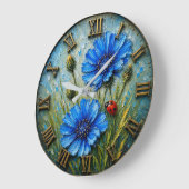 Blue Cornflower Ladybug Wildflower Botanical ラージ壁時計 (傾斜)