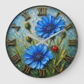 Blue Cornflower Ladybug Wildflower Botanical ラージ壁時計 (正面)