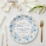 Blue Cosmos Floral Baby in Bloom Baby Shower ペーパープレート<br><div class="desc">These “Baby in Bloom” plates were inspired by delicate blue cosmos flowers swaying in a spring breeze. The airy watercolor blooms create a soft floral frame that makes desserts,  cake,  and party treats look even sweeter—perfect for a stylish garden or spring baby shower celebration.</div>