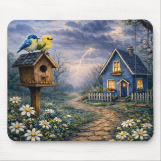 Blue Cottage Birdhouse Storm Mouse Pad マウスパッド