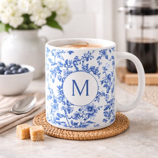 Blue Country Floral Monogram  コーヒーマグカップ
