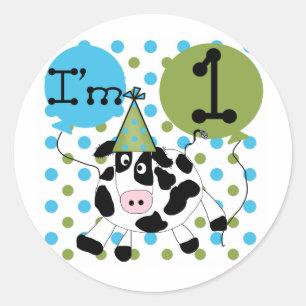 Blue Cow 1st誕生日Tシャツとギフト ラウンドシール