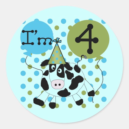 Blue Cow 4th誕生日Tシャツとギフト ラウンドシール (正面)