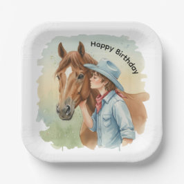 Blue Cowboy Kissing a Horse Birthday Party ペーパープレート