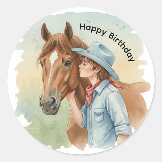 Blue Cowboy Kissing a Horse Birthday Party ラウンドシール (正面)