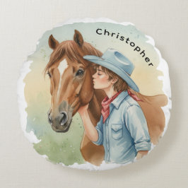 Blue Cowboy Kissing a Horse Birthday Party Gift ラウンドクッション