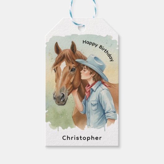 Blue Cowboy Kissing a Horse Birthday Thanks ギフトタグ (正面)