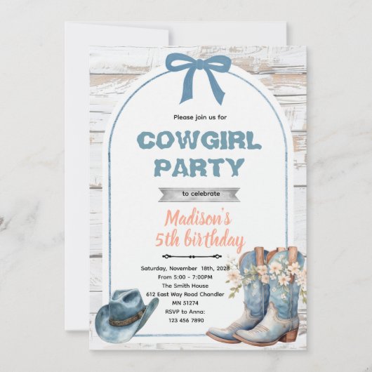 Blue cowgirl party invitation 招待状 (正面)