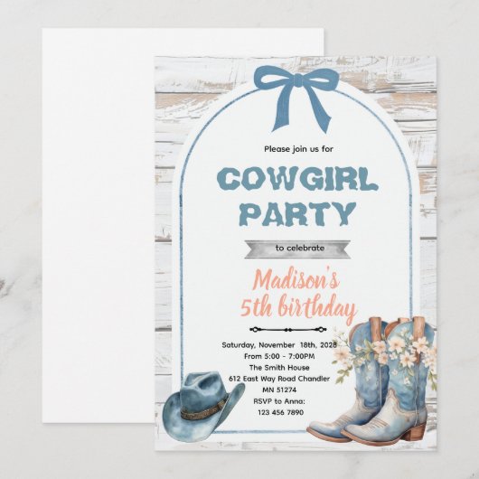 Blue cowgirl party invitation 招待状 (正面/裏面)
