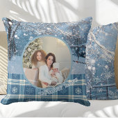 Blue Cozy Plaid Snowy Winter Photo Christmas クッション