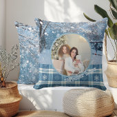 Blue Cozy Plaid Snowy Winter Photo Christmas クッション
