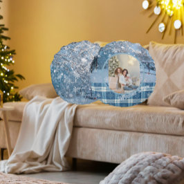 Blue Cozy Plaid Snowy Winter Photo Christmas  ラウンドクッション