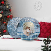 Blue Cozy Plaid Snowy Winter Photo Christmas  ラウンドクッション