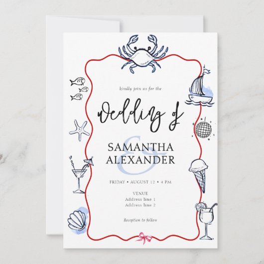 Blue Crab Doodle Beach QR Code RSVP Casual Wedding 招待状 (正面)