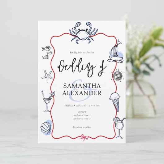 Blue Crab Doodle Beach QR Code RSVP Casual Wedding 招待状 (スタンド正面)
