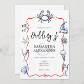 Blue Crab Doodle Beach QR Code RSVP Casual Wedding 招待状 (正面/裏面)