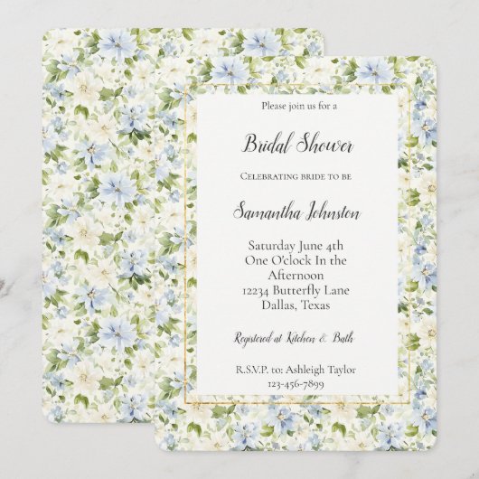 Blue Cream Floral Bridal Shower   招待状 (正面/裏面)