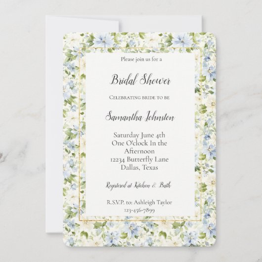 Blue Cream Floral Bridal Shower   招待状 (正面)