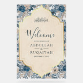 Blue Cream Floral Gold Muslim Wedding Welcome アクリルサイン (正面)