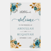 Blue Cream Floral Muslim Wedding Welcome アクリルサイン (正面)