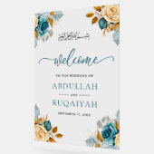 Blue Cream Floral Muslim Wedding Welcome アクリルサイン (傾斜)