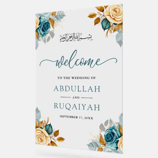 Blue Cream Floral Muslim Wedding Welcome アクリルサイン (傾斜)