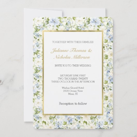 Blue Cream Floral Wedding 招待状 (正面)