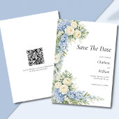 Blue Cream Florals Wedding Save The Date QR Code 招待状