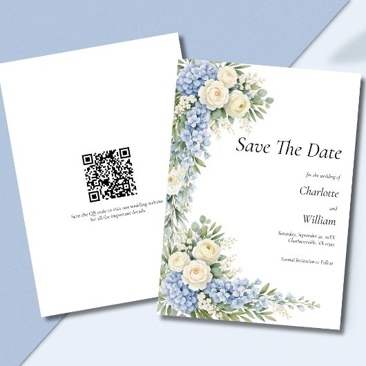 Blue Cream Florals Wedding Save The Date QR Code 招待状