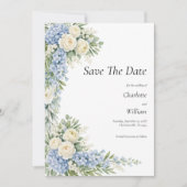 Blue Cream Florals Wedding Save The Date QR Code 招待状 (正面)
