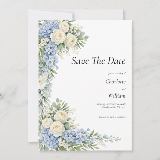 Blue Cream Florals Wedding Save The Date QR Code 招待状 (正面)