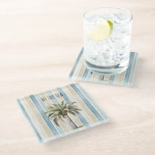Blue Cream Stripes Tropical Palm Tree ガラスコースター (アングル)