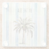Blue Cream Stripes Tropical Palm Tree ガラスコースター (裏面)